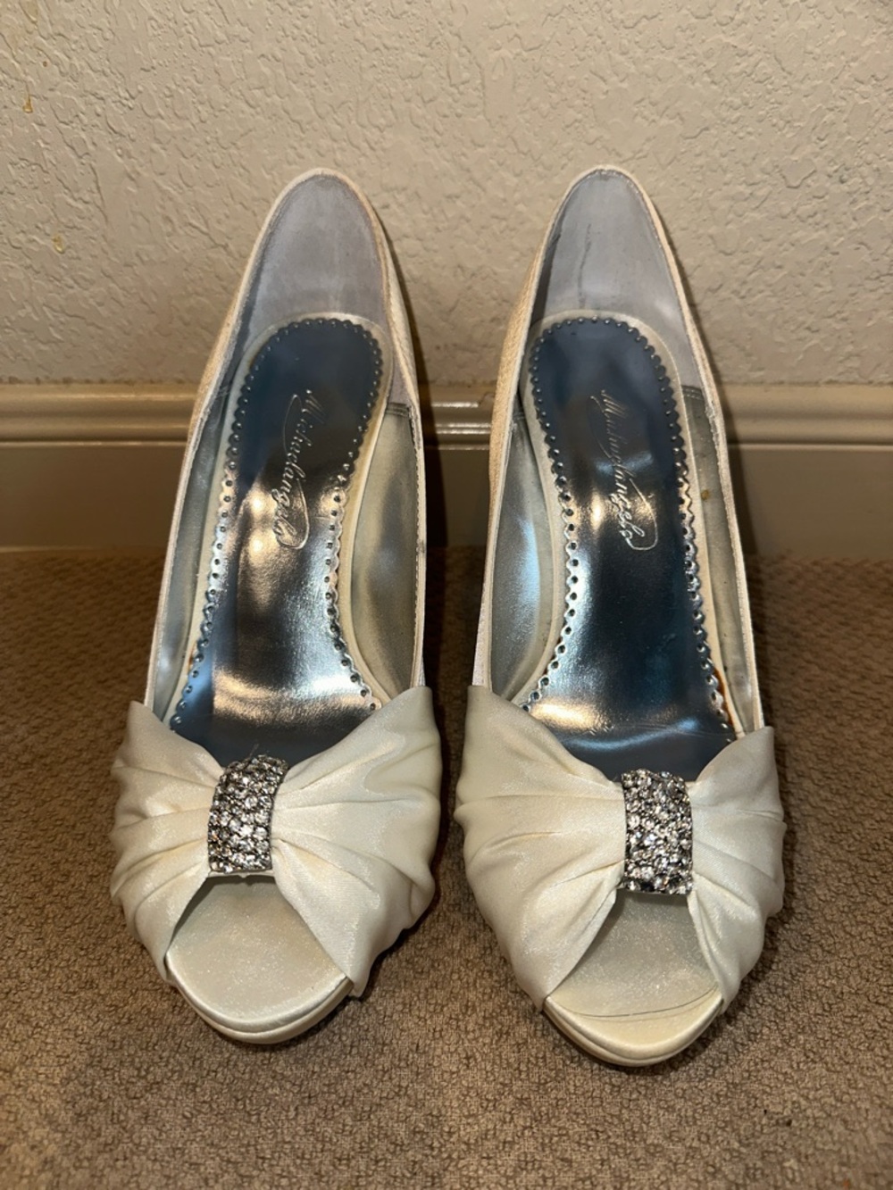 Michaelangelo Ivory Satin Peep-Toe Heels with Crystal Bow